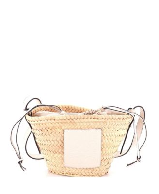 Drawstring Bucket Crossbody Bag Raffia and Leather