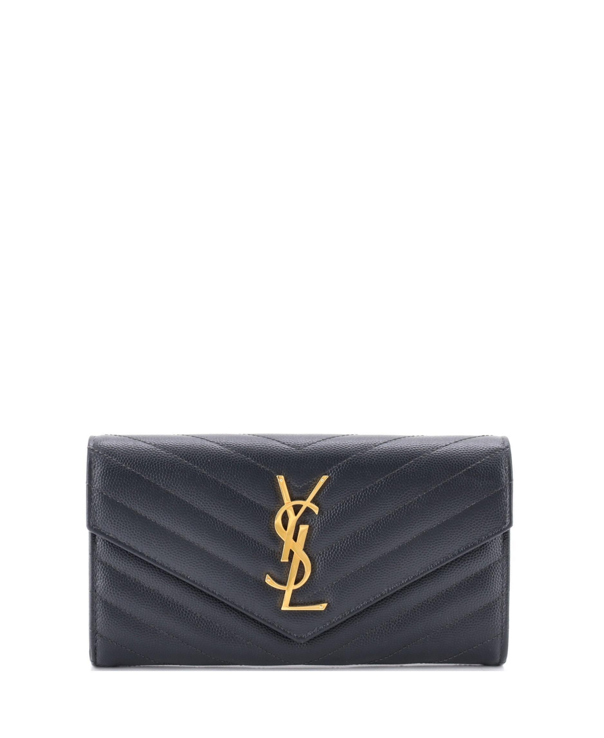 Pre-Owned Saint Laurent Large Classic Monogram Flap Matelasse Chevron Leather Wallet, 7.5"W x 4"H x 1"D