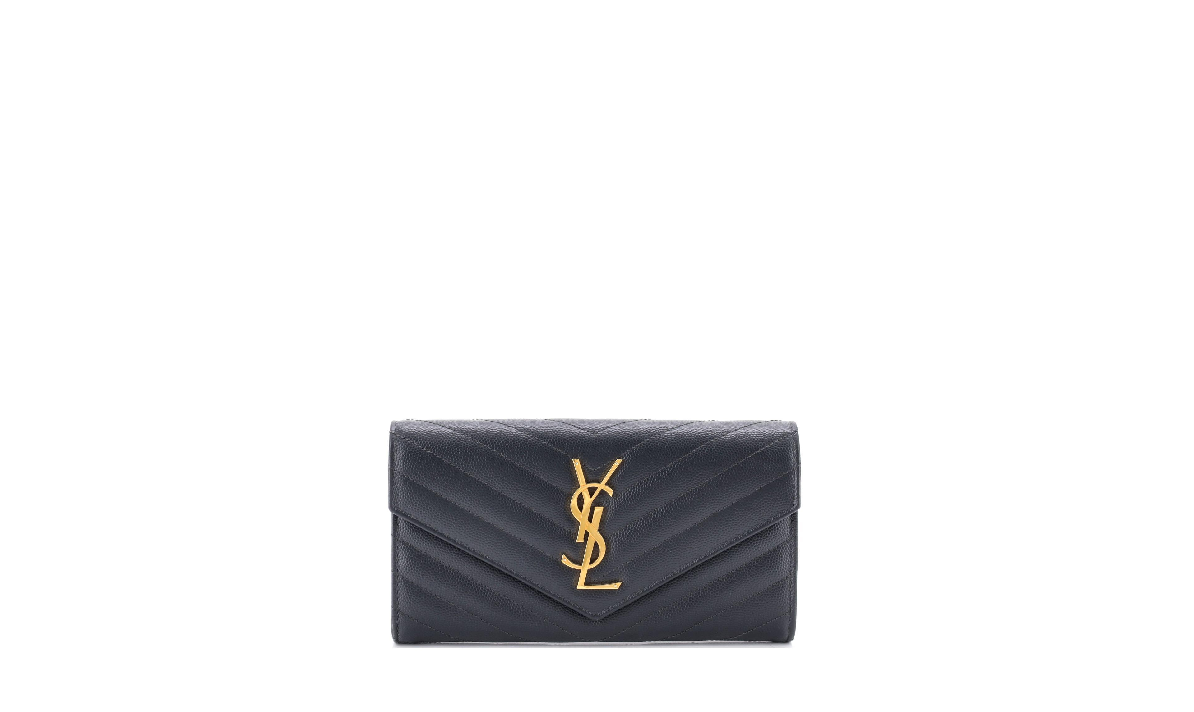 Pre-Owned Saint Laurent Large Classic Monogram Flap Matelasse Chevron Leather Wallet, 7.5"W x 4"H x 1"D