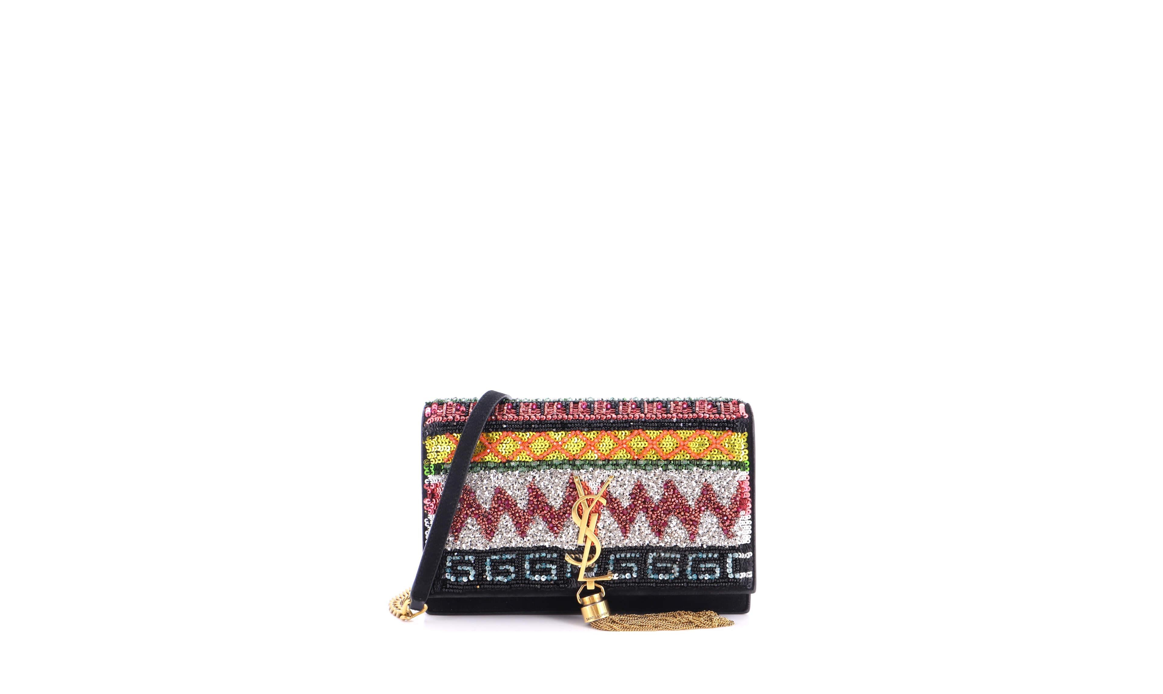 Pre-Owned Saint Laurent Classic Monogram Tassel Crossbody Bag Sequin Embellished Suede