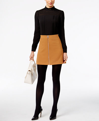 ECI Crochet-Lace Mock-Neck Top & Zip-Front Mini Skirt