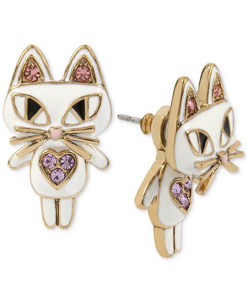 Betsey Johnson Gold Tone White Enamel Cat Earring Jackets