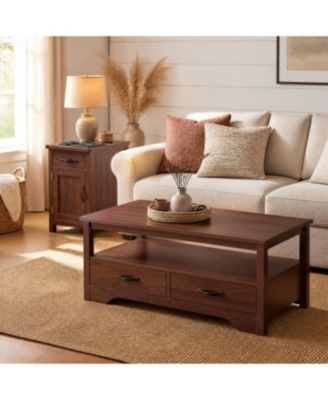 Farmhouse Living Room Table Set, Rustic Wood Coffee Table with 4 Drawers and Open Storage Shelf + Flip-Top Charging Side End Table