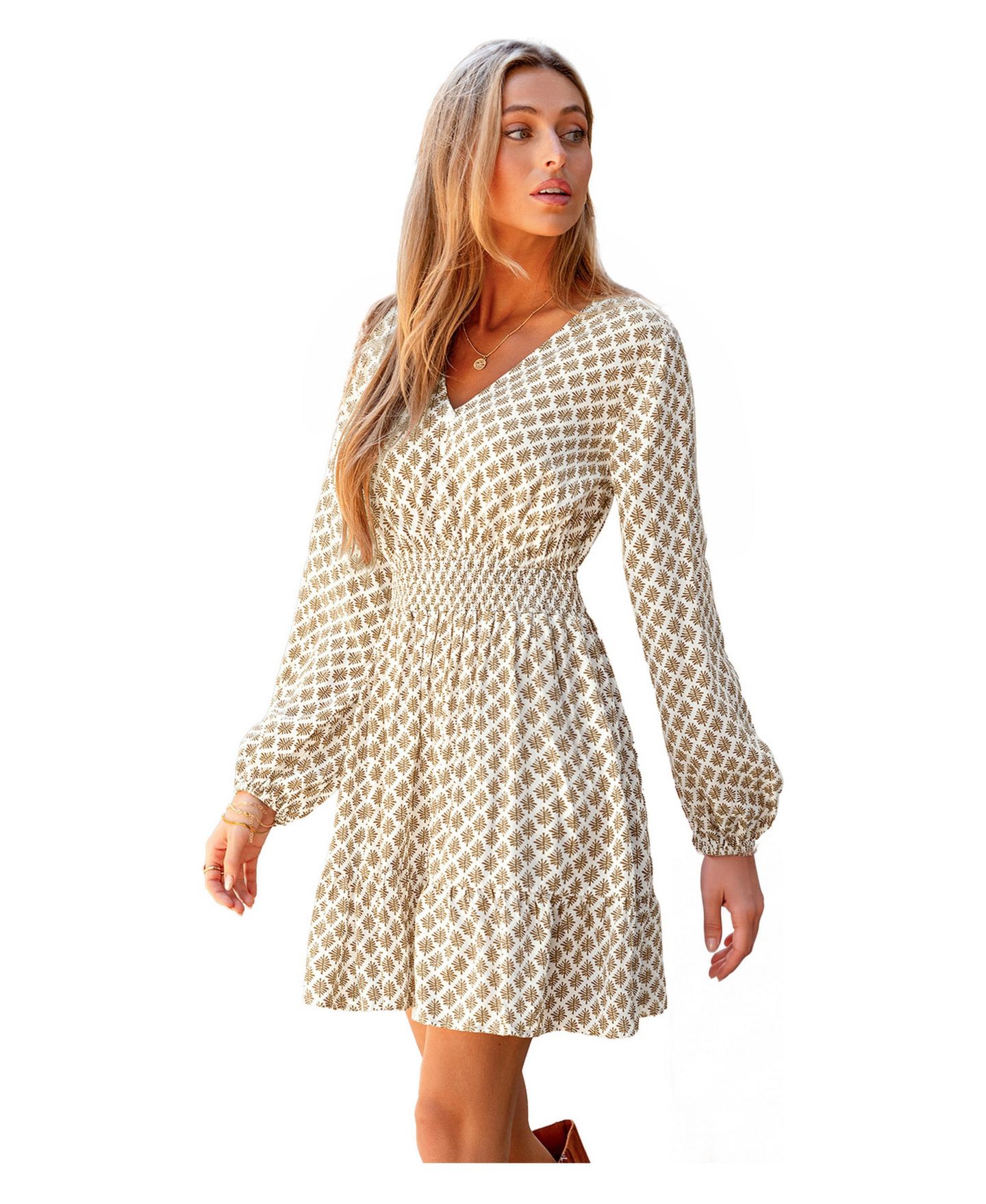 Женское платье Cupshe Darling V-Neck Long-Sleeve A-Line Mini, цвет: Бежевый / Хаки — фото 4