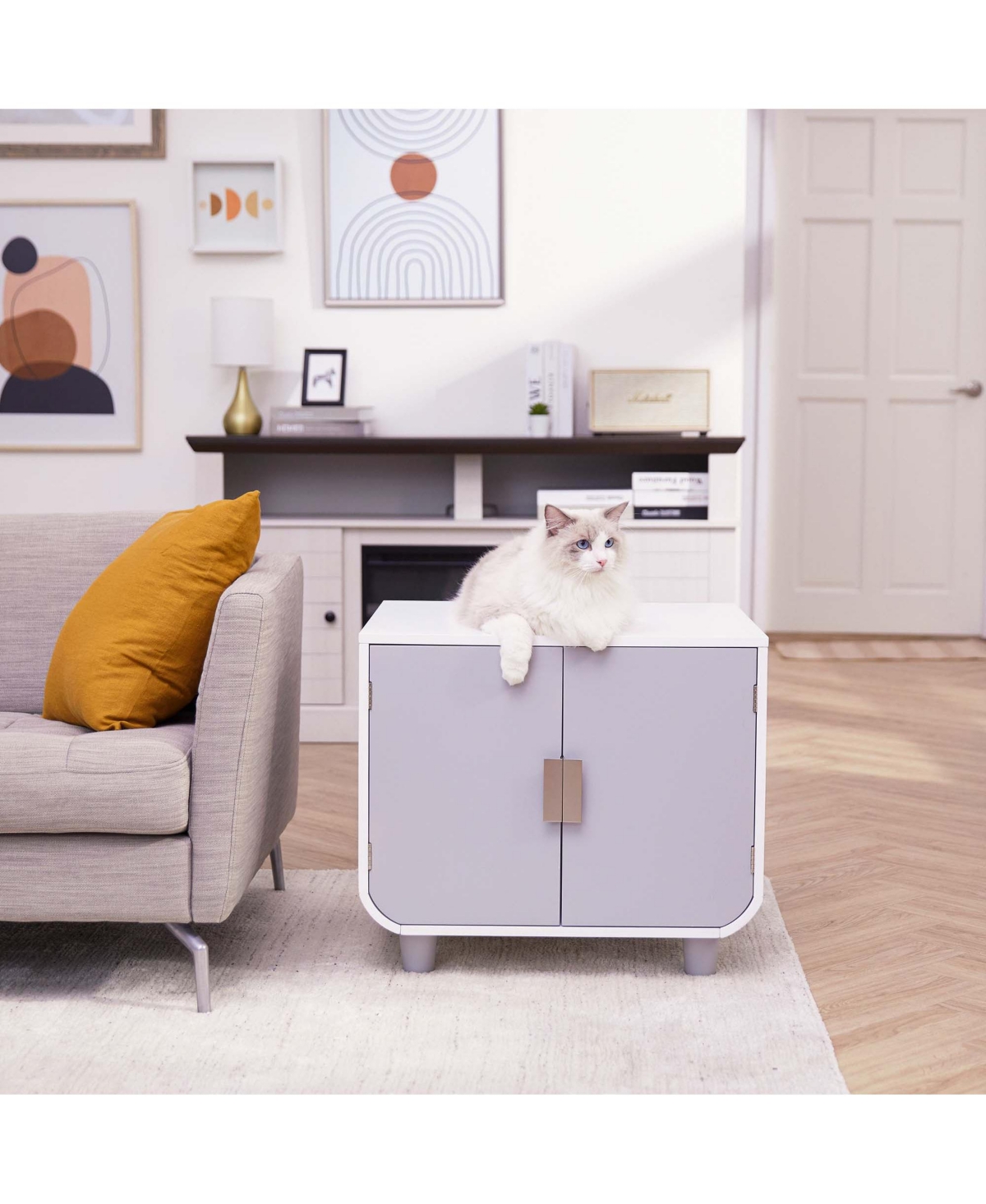 Teamson Pets Dyad Mid Century Wooden Cat Litter Box Cabinet and Side Table