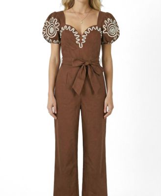 Women's Embroidered Puff-Sleeve Tie-Waist Jumpsuit