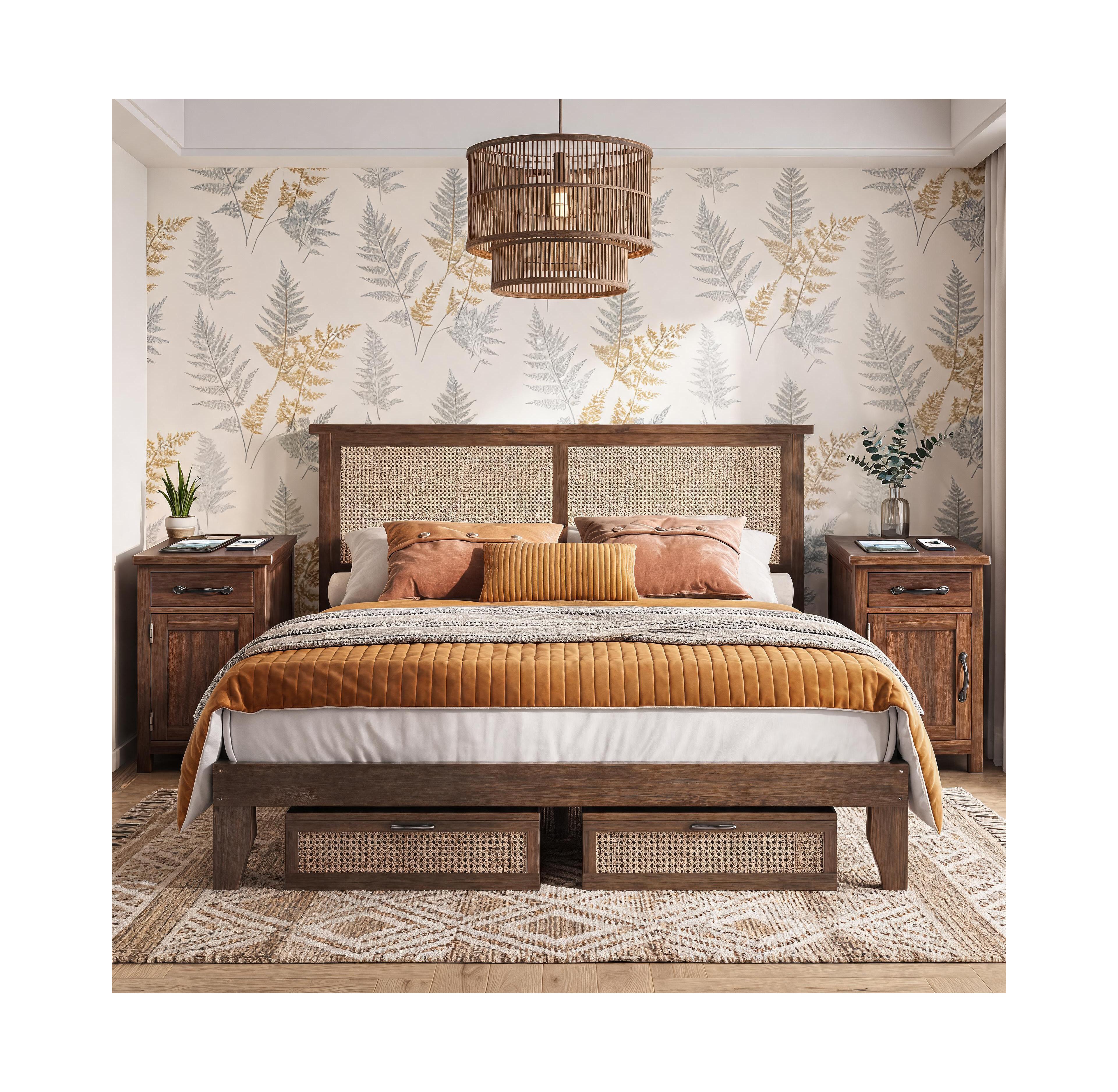 homfan Rattan Platform Bed Frame with Led Lights and Storage Headboard and 2 Farmhouse Charging End Tables