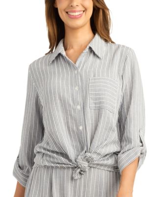 Juniors' Tie-Front Texture-Stripe 3/4-Sleeve Button-Down Top