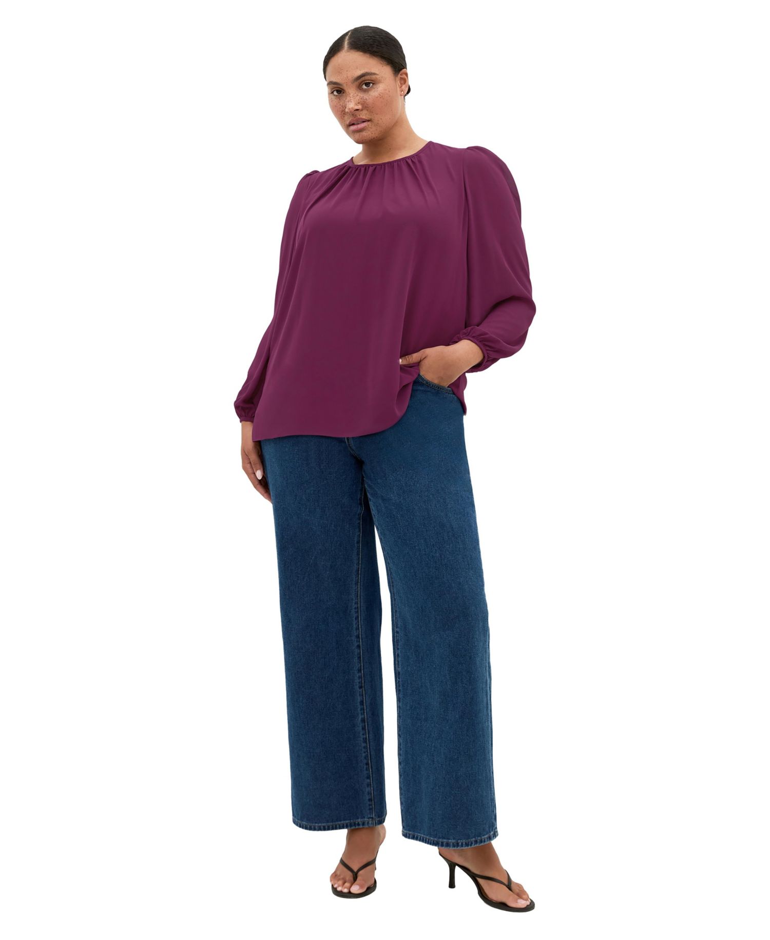 Plus Size Kelly Sheer-Sleeve Crewneck Blouse