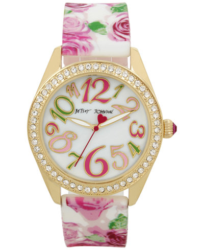 Betsey Johnson Women's Pink Floral Printed White Silicone Strap Watch 40mm BJ00048-180