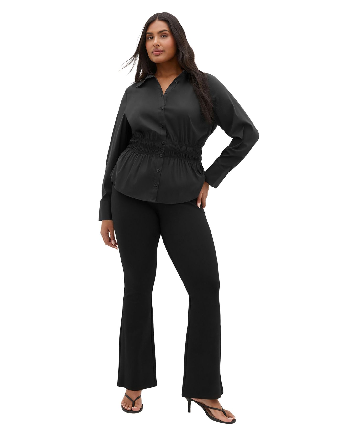 Plus Size Collared Long-Sleeve Shirred-Waist Blouse