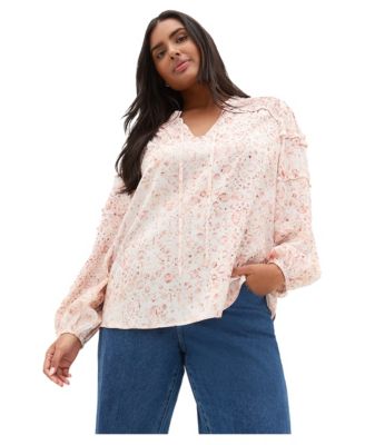 Plus Size High-Ruffle-Trim Desert Print Relaxed-Fit Long-Sleeve Blouse