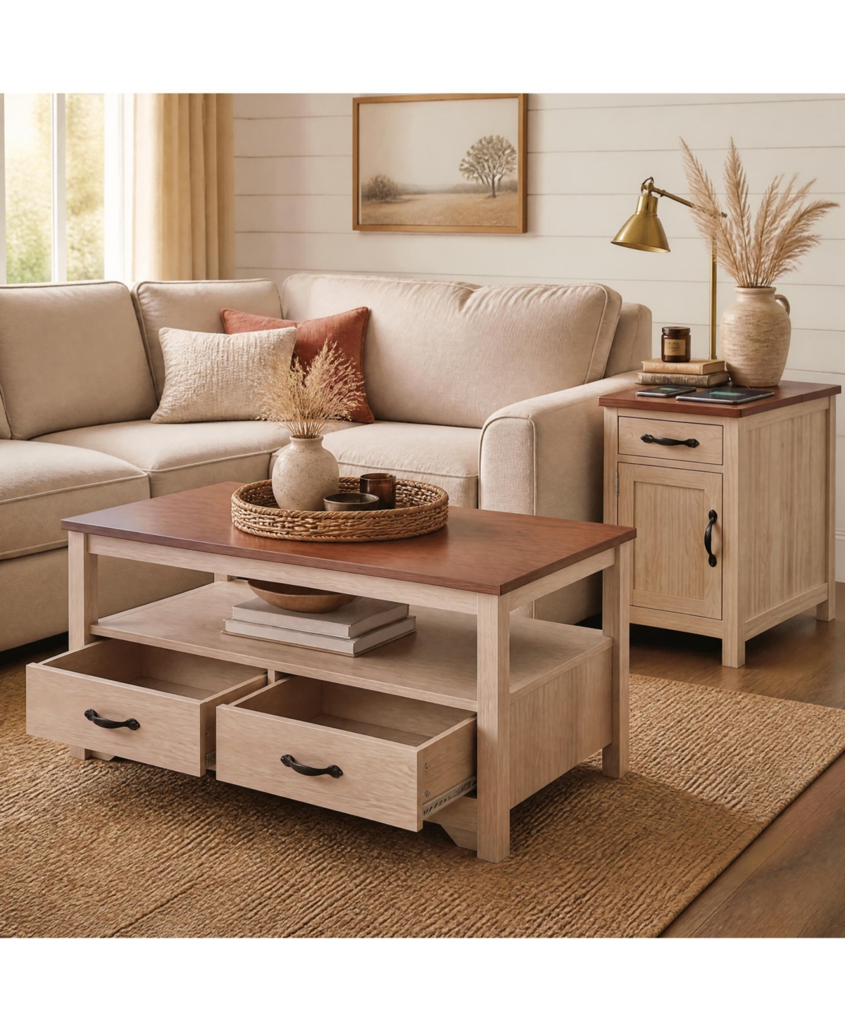 gaomon Farmhouse Living Room Table Set, Rustic Wood Coffee with 4 Drawers and Open Storage Shelf + Flip-Top Charging Side End