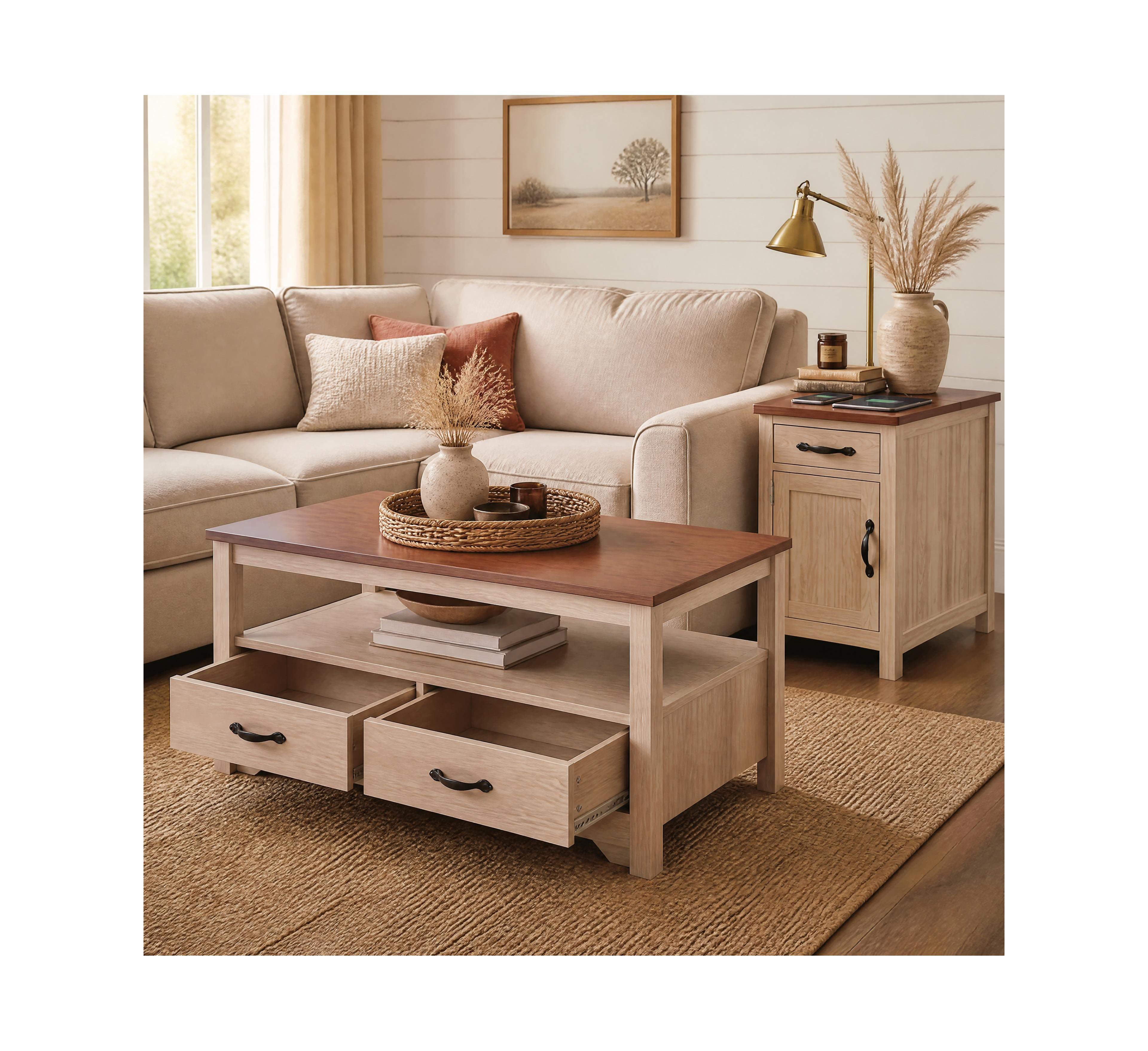 gaomon Farmhouse Living Room Table Set, Rustic Wood Coffee with 4 Drawers and Open Storage Shelf + Flip-Top Charging Side End