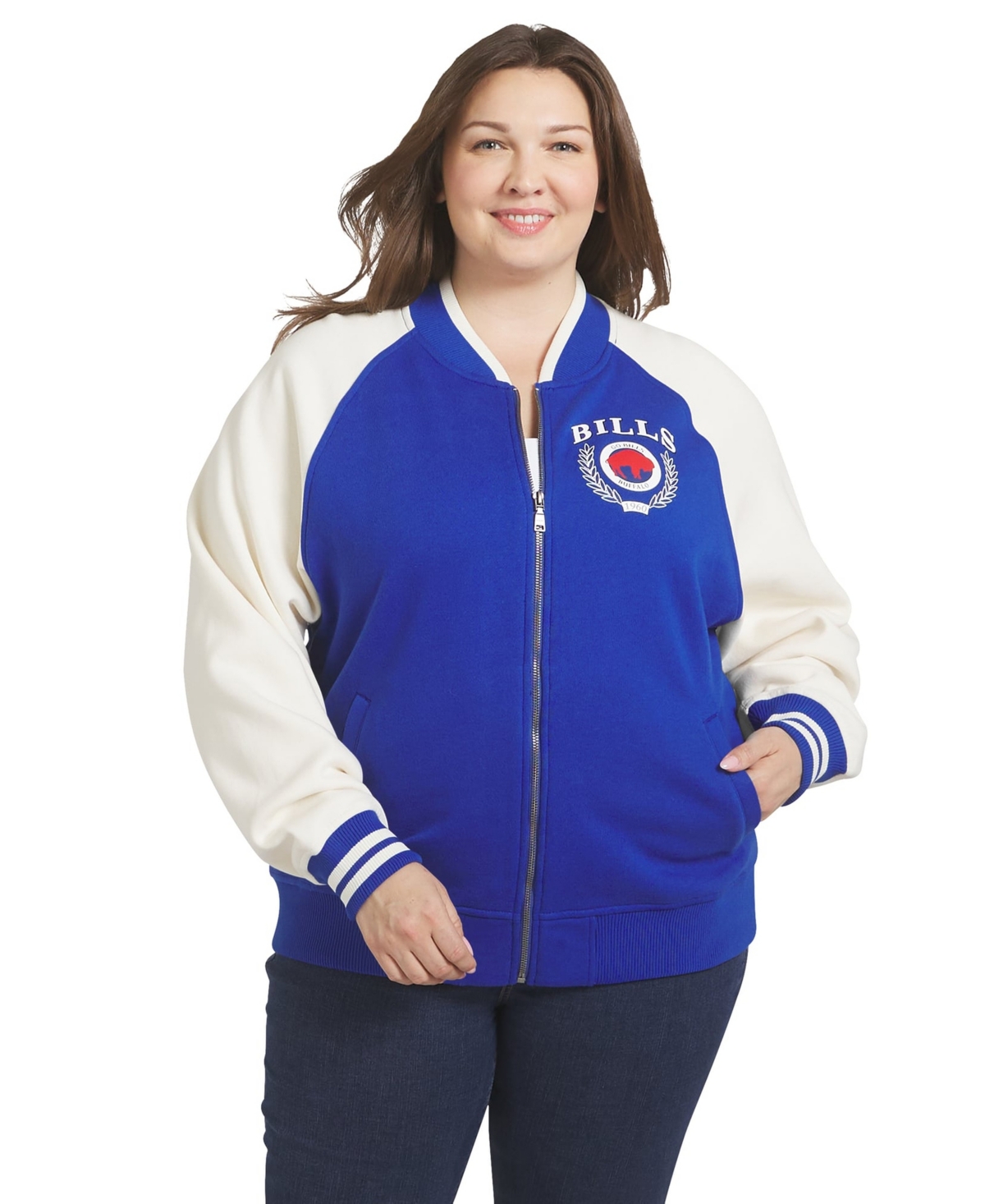 Women's WEAR by Erin Andrews Royal/White Buffalo Bills Throwback Plus Size Fleece Varsity Full-Zip Jacket