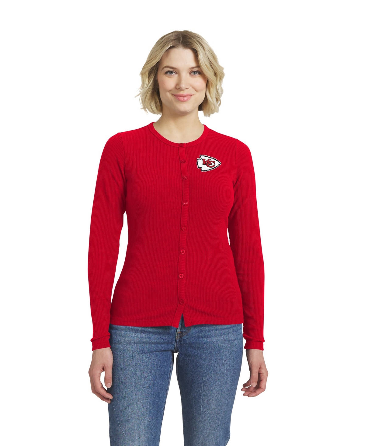 Wear by Erin Andrews Women's Kansas City Chiefs Ribbed Full-Button Cardigan Sweater