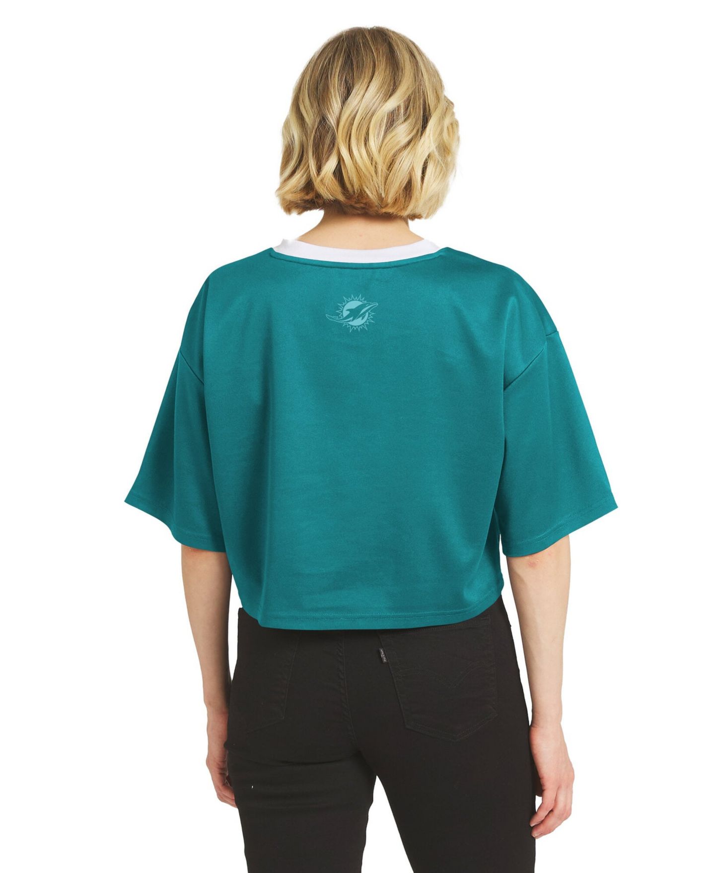 Женская футболка WEAR by Erin Andrews Aqua Miami Dolphins Cropped V-Neck Jersey — фото 4