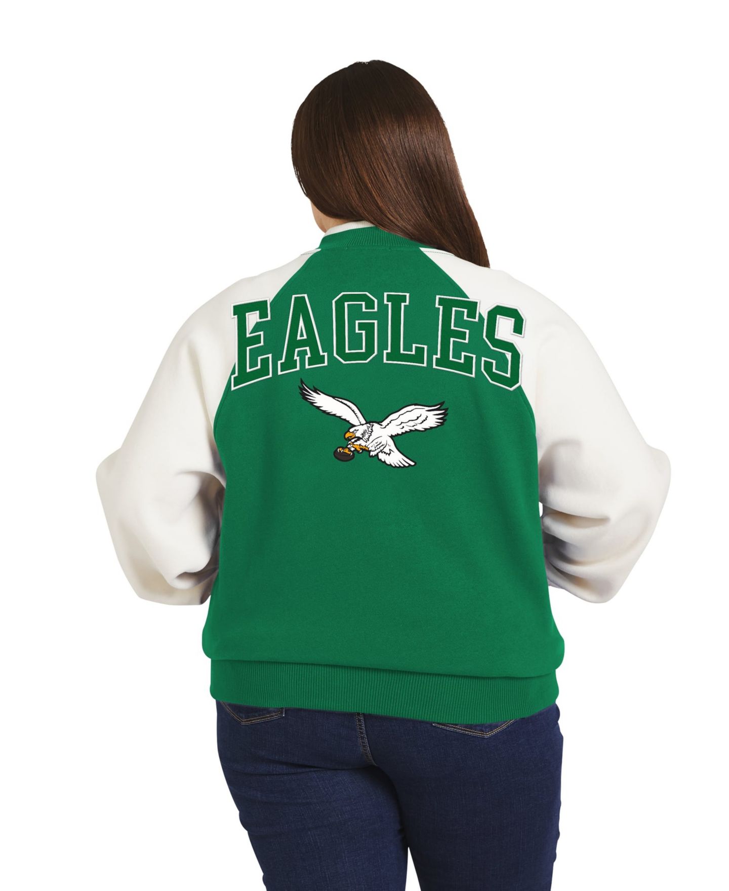 Женская куртка WEAR by Erin Andrews Kelly Green/White Philadelphia Eagles Throwback Plus Size Fleece Varsity Full-Zip — фото 2