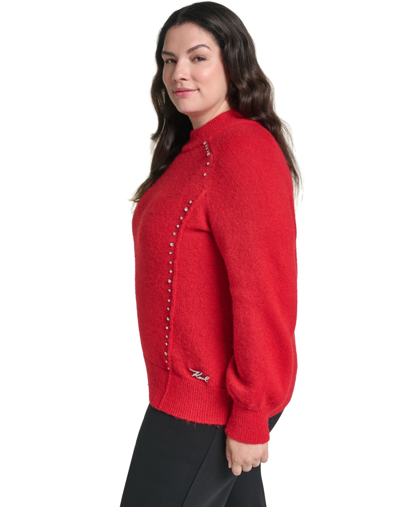 Женский свитер KARL LAGERFELD PARIS Plus Size Mock Neck Rhinestone Pullover, цвет: Красный — фото 3