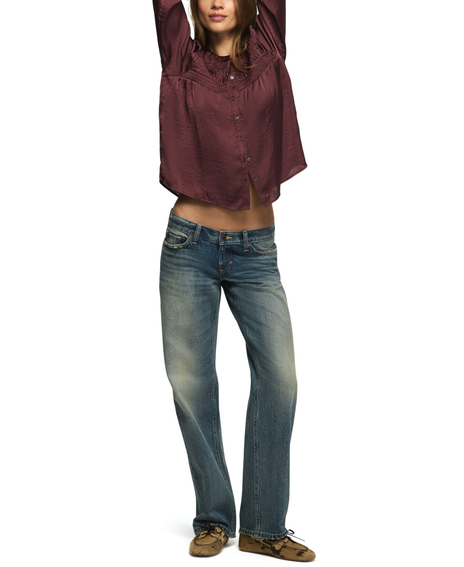 Women's Long-Sleeve Satin Pintuck Blouse