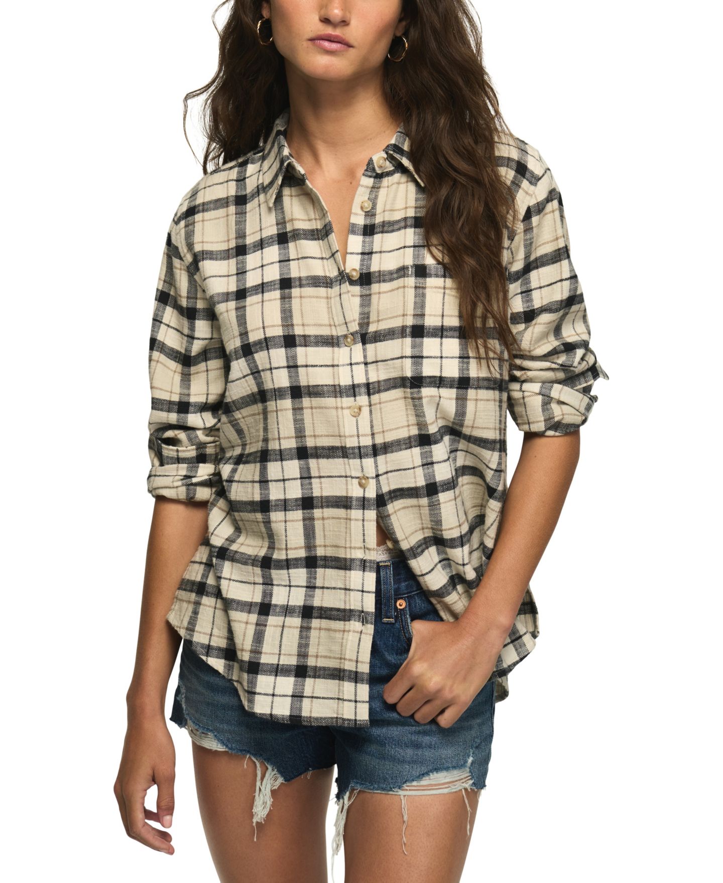 Женская рубашка Lucky Brand Long-Sleeve Plaid Button Down Shirt, цвет: Кремовый клетчатый — фото 1
