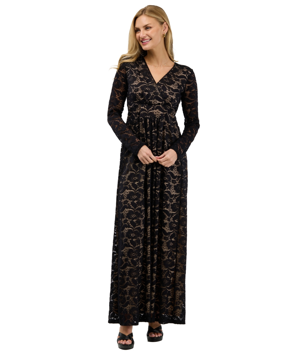24seven Comfort Apparel Women's Wedding Guest Floral-Print Long-Sleeve Dress - Black