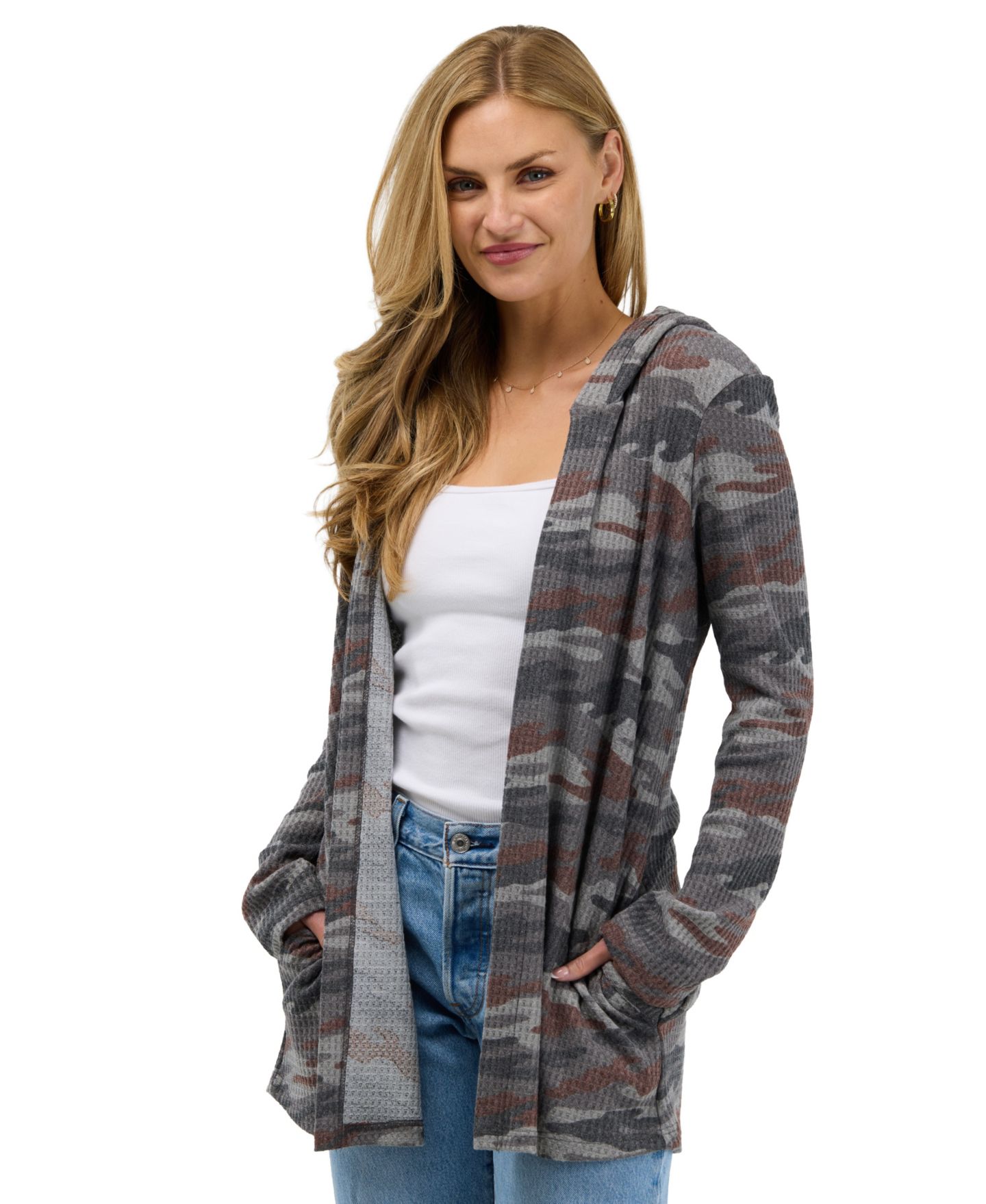 Женский кардиган 24seven Comfort Apparel Camo Waffle-Knit Hooded, цвет: Серый разноцветный — фото 2