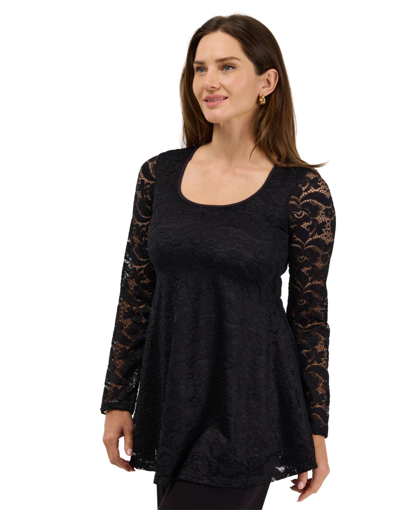 Женский топ 24seven Comfort Apparel Scoop-Neck Long-Sleeve Floral Lace Tunic, цвет: Чёрный — фото 2