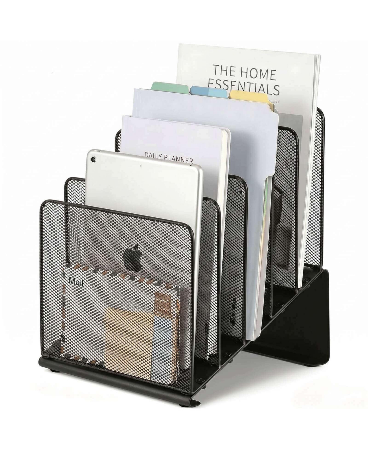 Danrong 5 Section Vertical Desk File Organizer Mesh Steel Home Office Storage Rack - Black