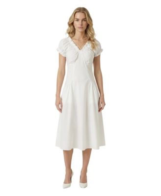 Women's Ruched Bodice Flared Skirt A-Line V-Neck Short-Sleeve Midi Dress