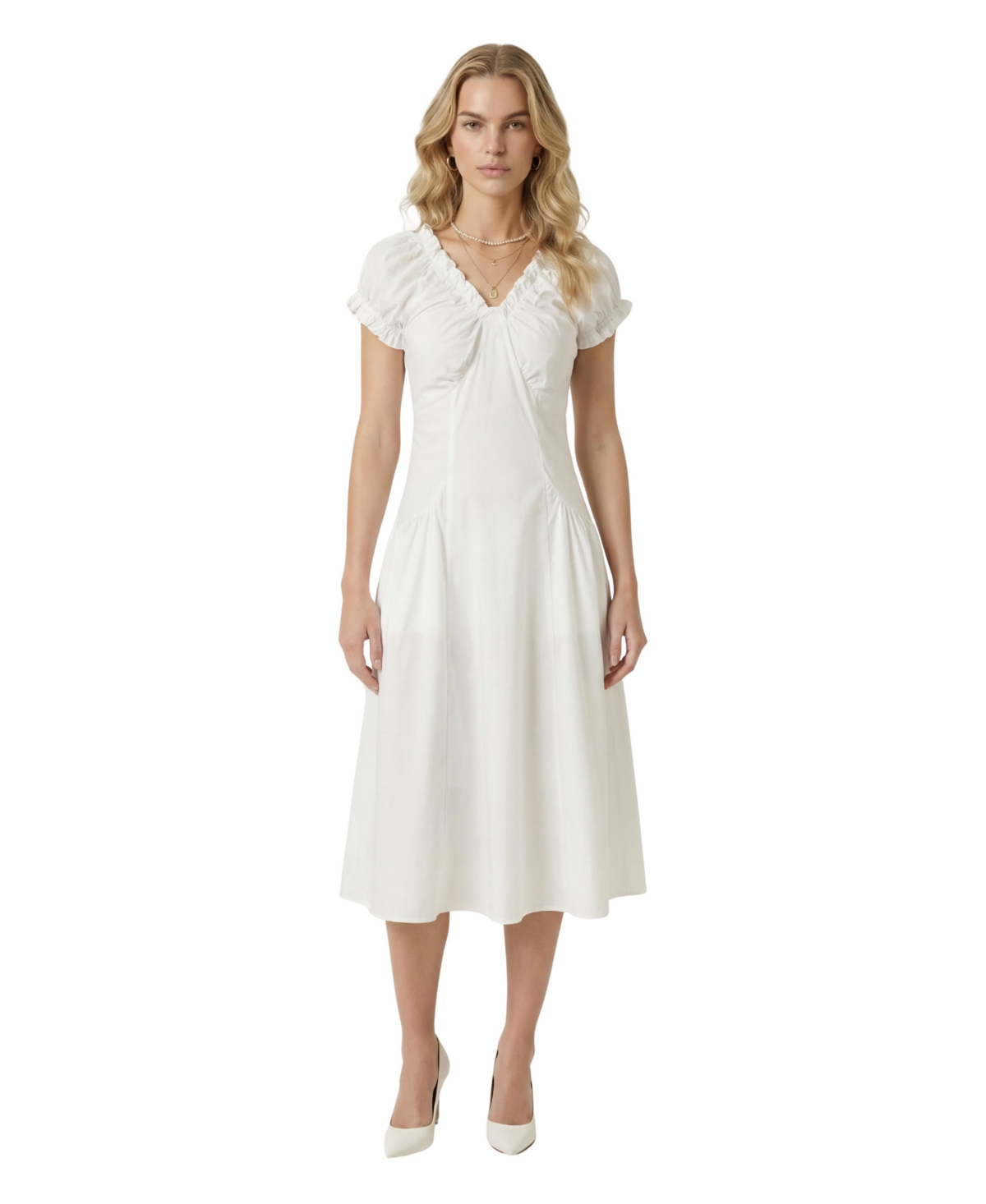 Modenaire Women's Ruched Bodice Flared Skirt A-Line V-Neck Short-Sleeve Midi Dress - White