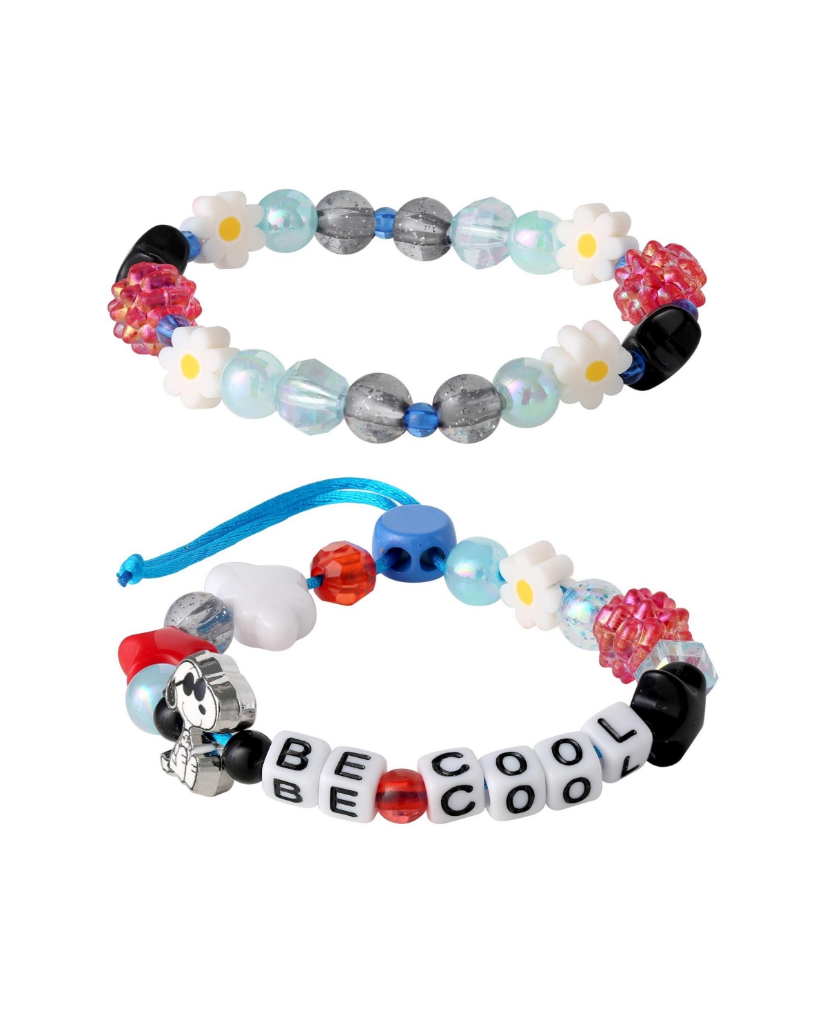 Peanuts Girls' Silver-Tone Snoopy Beaded Charm Adjustable Cord and Stretch Bracelet, 2-Piece Set - Blue