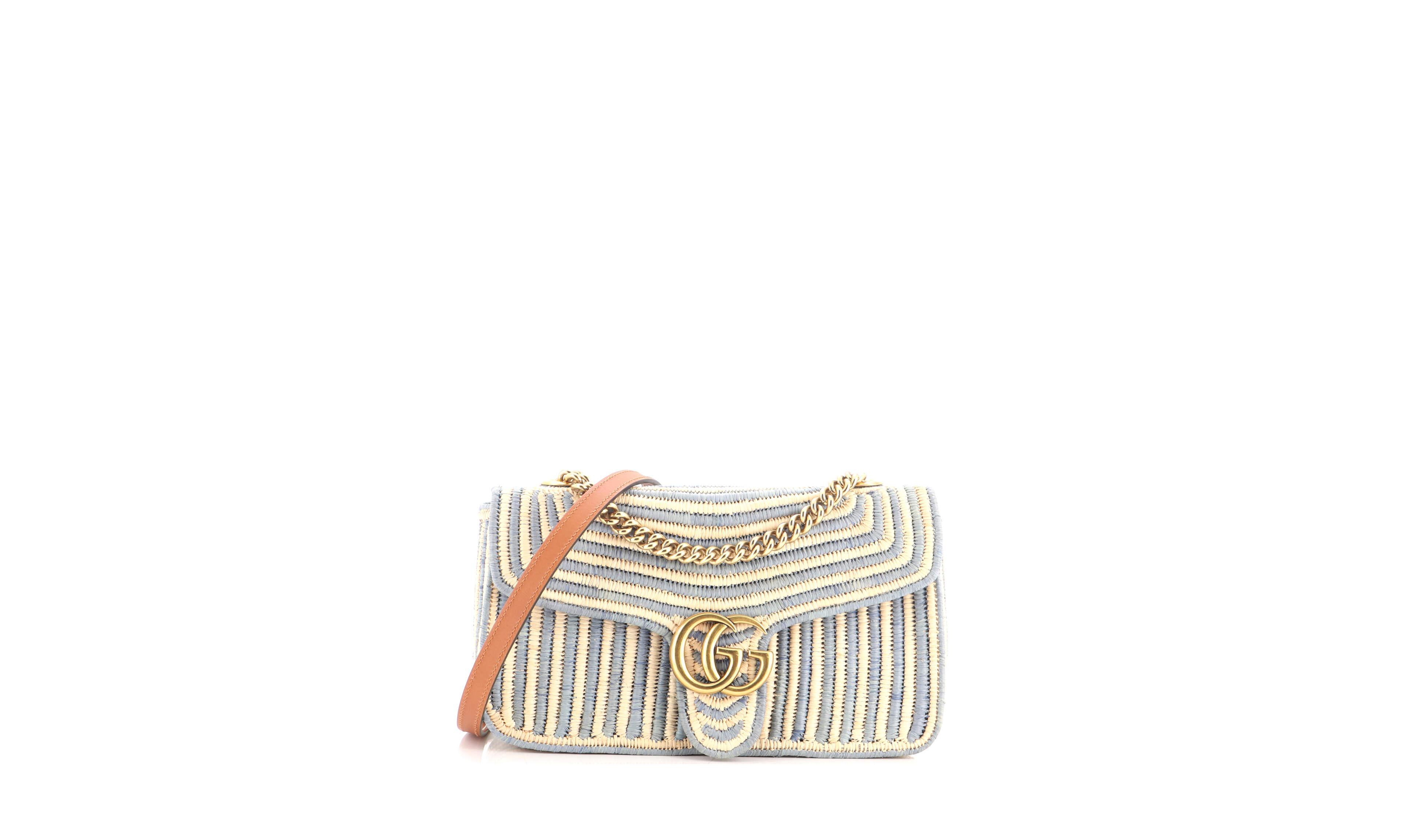 Pre-Owned Gucci Small Gg Marmont Flap Bag Woven Raffia