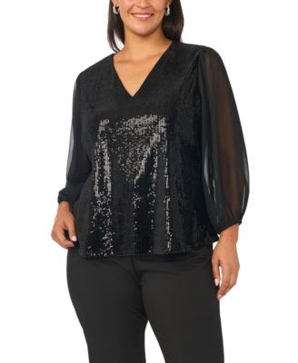 Plus Size Sequin Long-Sleeve V-Neck Blouse