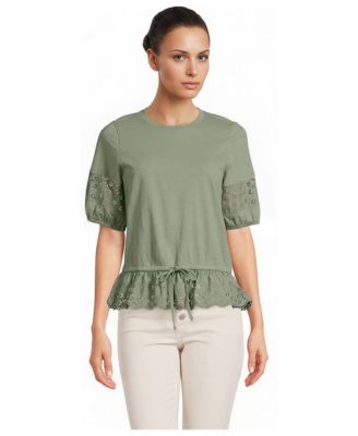 Women's Elbow Sleeve Slub Lace Trim Adjustable Hem Top