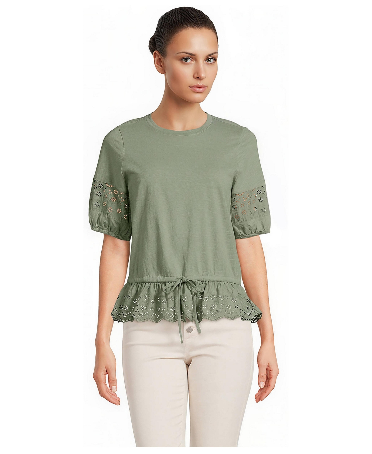 Lands' End Women's Elbow Sleeve Slub Lace Trim Adjustable Hem Top