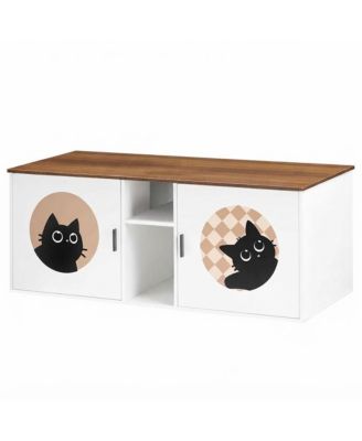 Wooden Double Cat Litter Box Enclosure with Storage and Cat Design