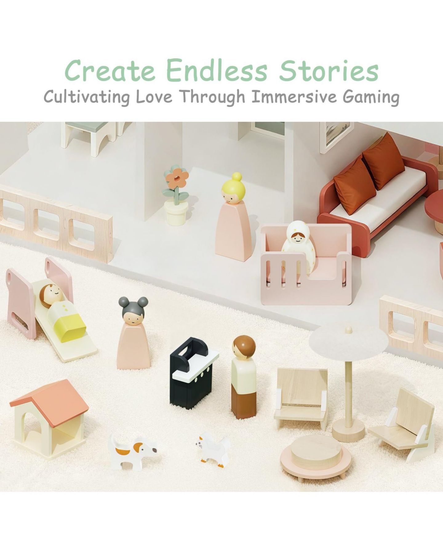 Детские аксессуары для кукол GNUADZ Wooden 8-Room Dollhouse with Family Figures, Ages 3+, цвет: Бежевый — фото 3
