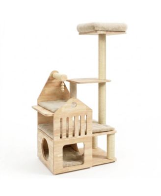 48.5 Inch Multi-Level Rubberwood Cat Tree Featuring Padded Perch