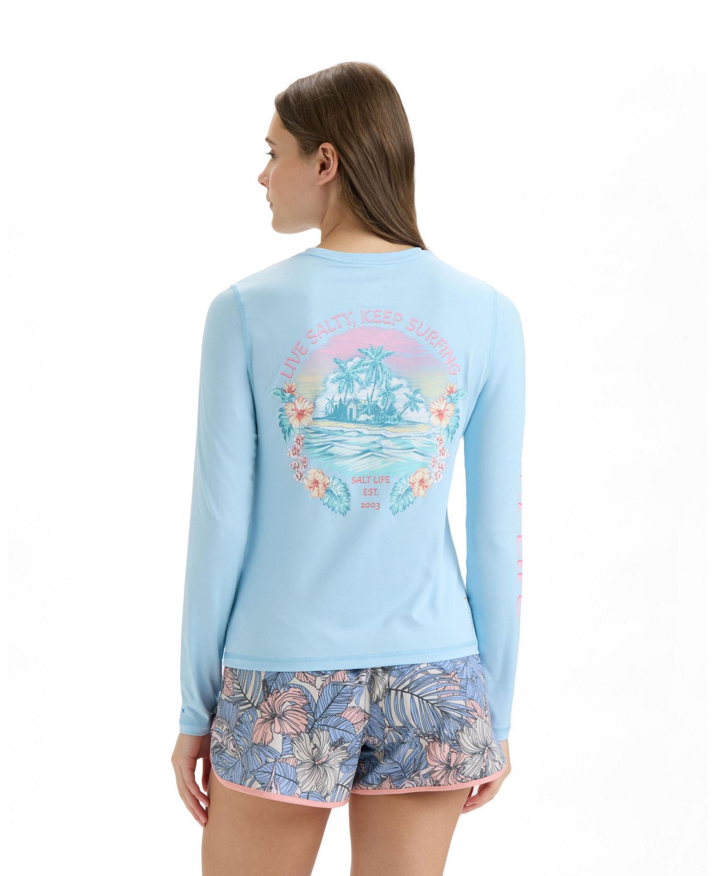 Женская футболка Salt Life Keep Surfing Performance Long Sleeve, цвет: Синий меланжевый — фото 2