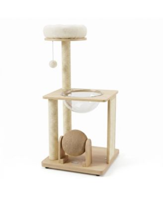 40 Inch Rubberwood Cat Tree Featuring Space Capsule Bed