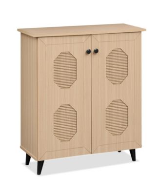 Geometric Carved Door Shoe Storage Cabinet Featuring Metal Legs