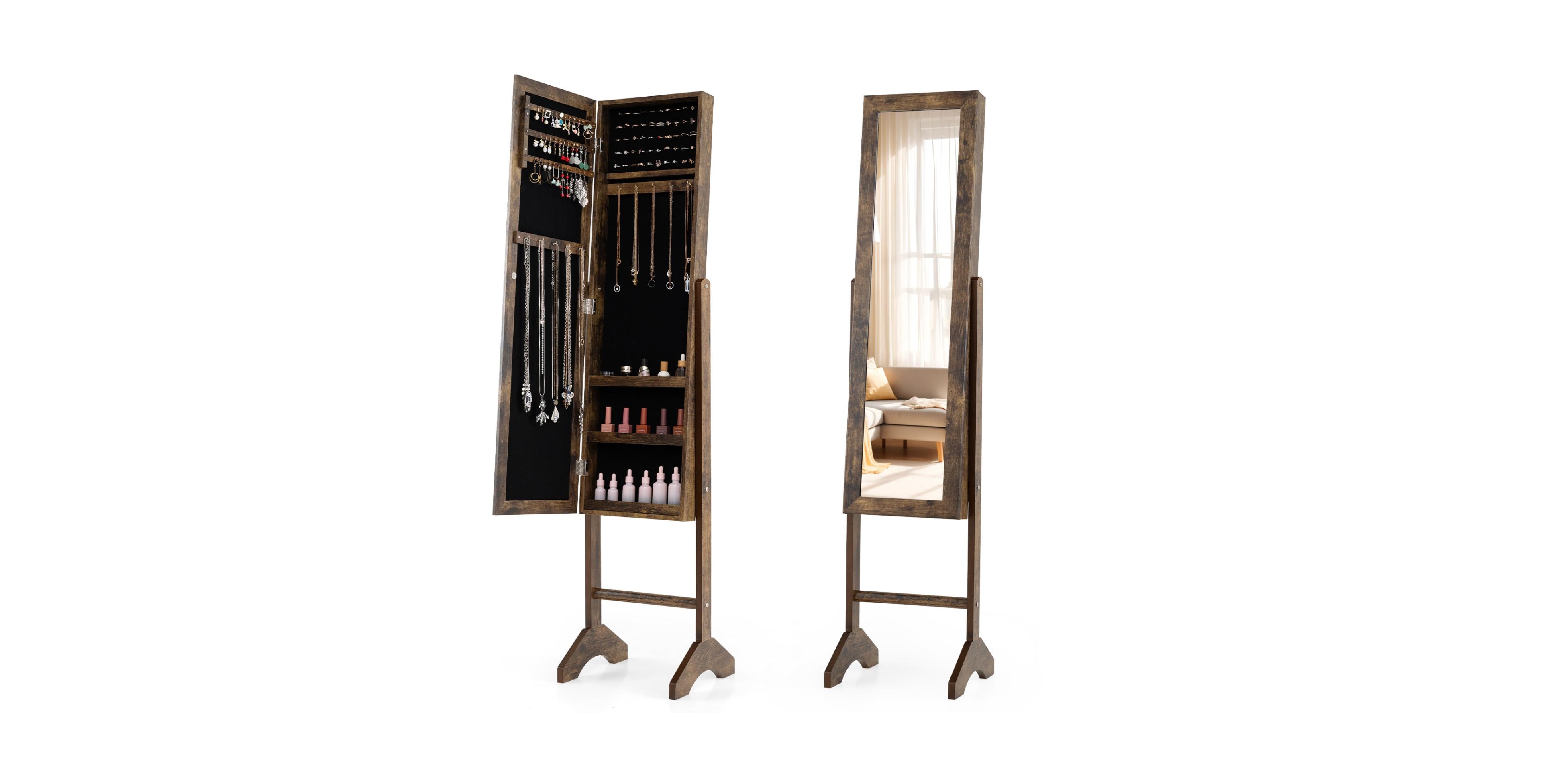 Sugift Freestanding Engineered Wood Jewelry Armoire with Full-Length Mirror