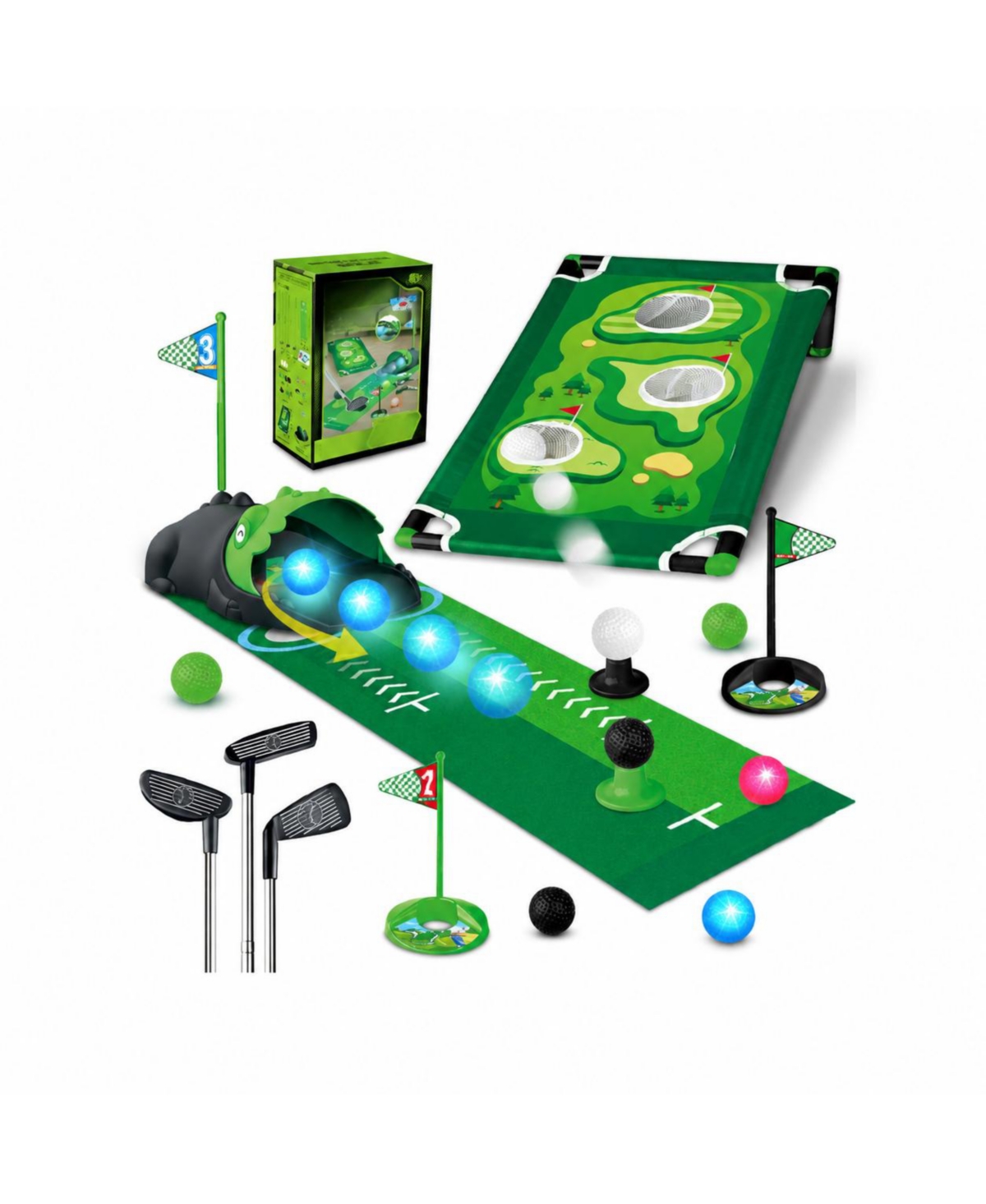 Peneyon 3 In 1 Kids Golf Set Dinosaur Automatic Returner Led Light Up Balls Putting Mat Mini Games Indoor Outdoor Gift - Default
