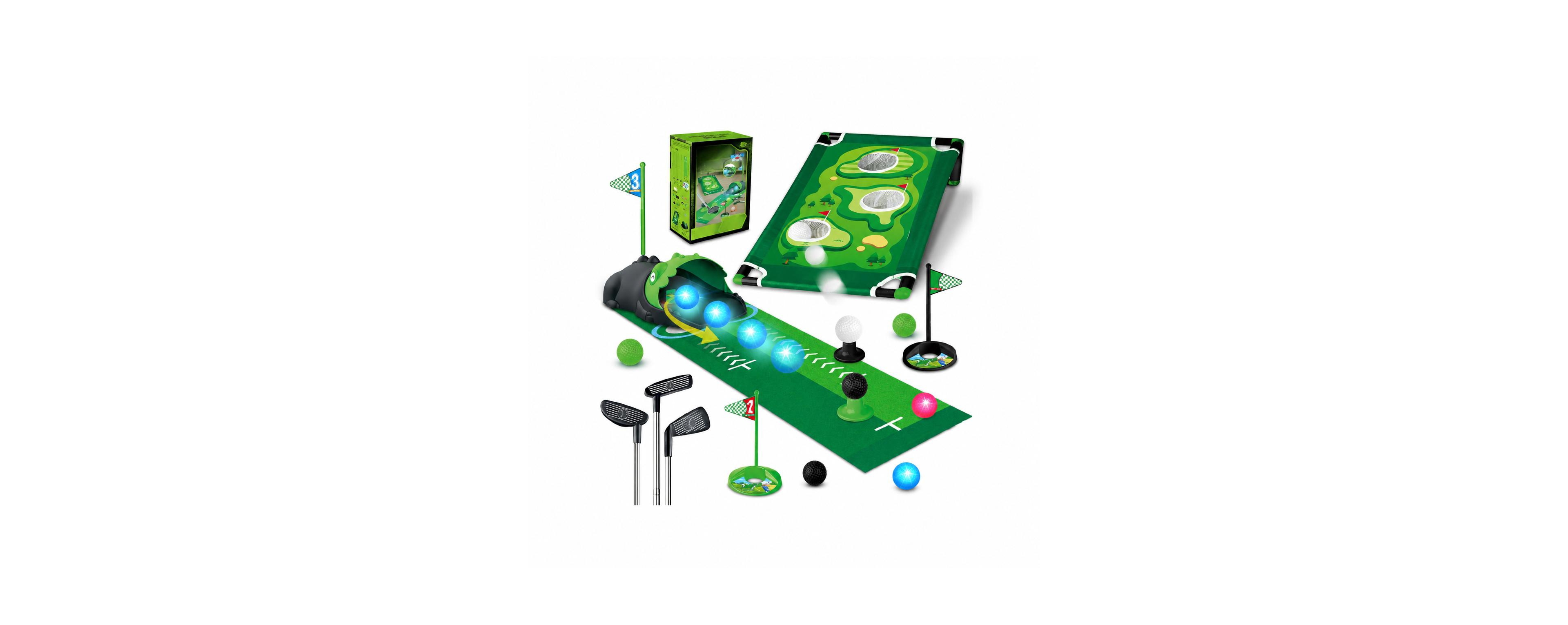 Peneyon 3 In 1 Kids Golf Set Dinosaur Automatic Returner Led Light Up Balls Putting Mat Mini Games Indoor Outdoor Gift