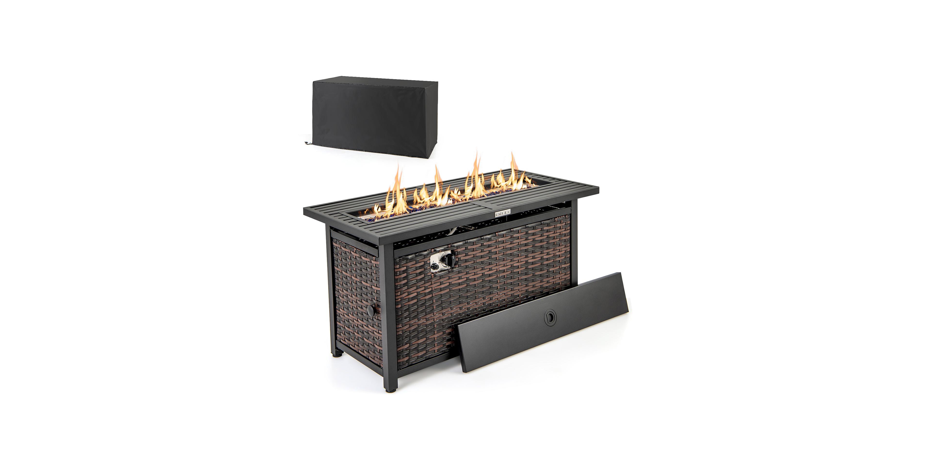 Mecale 45 in Propane Rattan Fire Pit Table with Glass Stones and Lid ,Heater