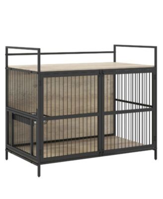 Wooden Dog Crate Furniture with 360-Degree Rotating Bowls and Tabletop