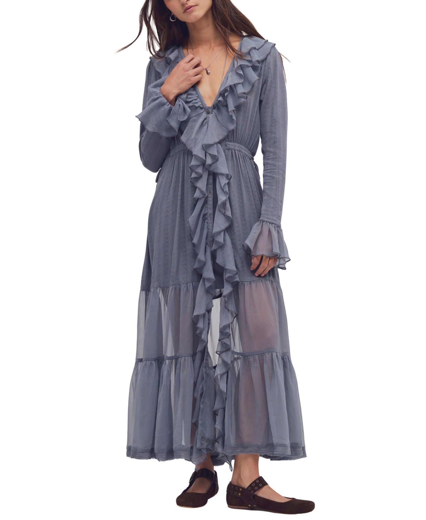 Женское платье Free People Isla A-Line Long-Sleeve Ruffle Midi, цвет: Серо-бежевый — фото 1