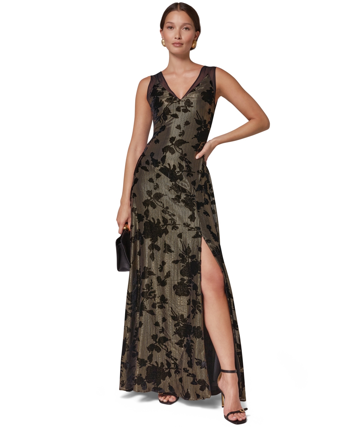 Donna Karan New York Women's Metallic Velvet Burnout Floral V-Neck Maxi Dress