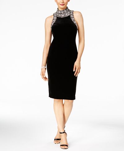 Betsy & Adam Beaded Mock-Neck Velvet Dress